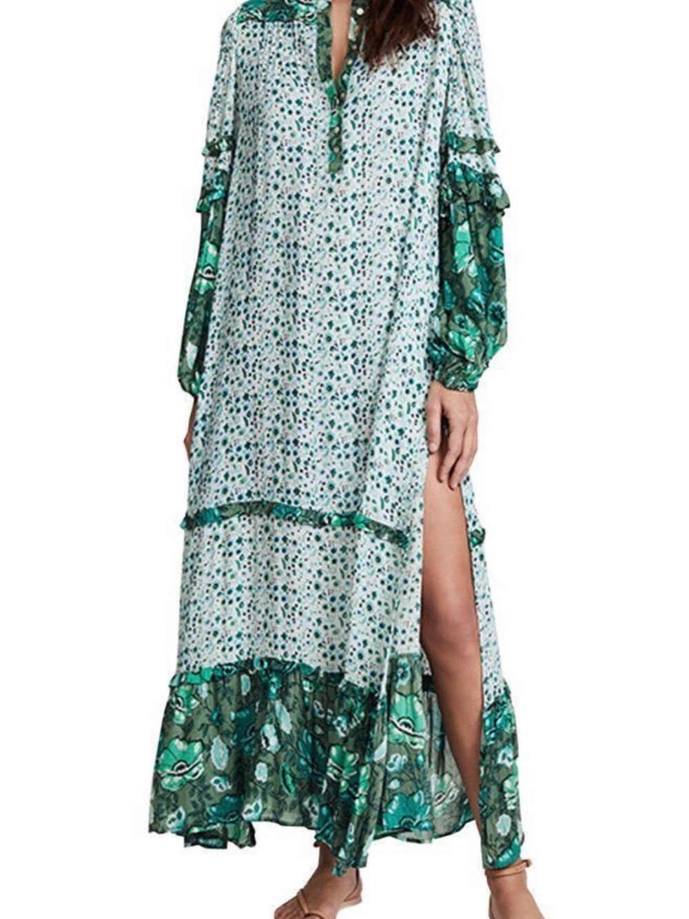 NWOT Green Floral Tiered Maxi Boho Dress